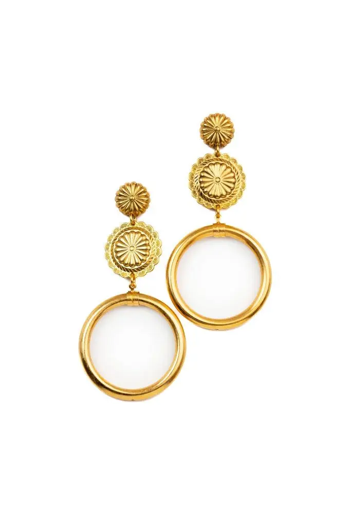 Sunburst Medallion Drop Hoop Earrings (316L Stainless Steel)