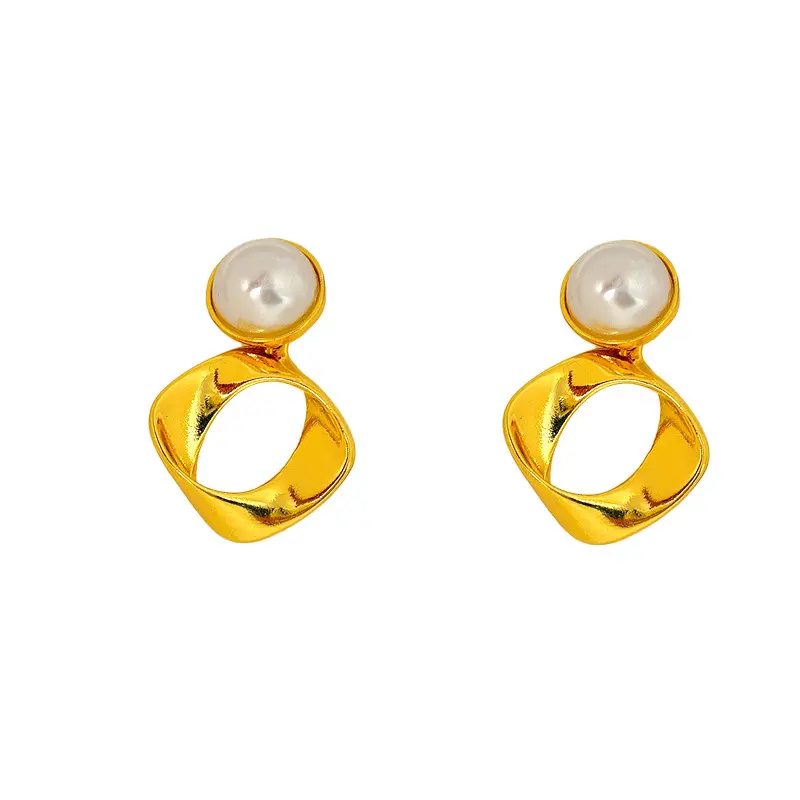 Twisted Geometric Pearl Drop Earrings (316L Stainless Steel)