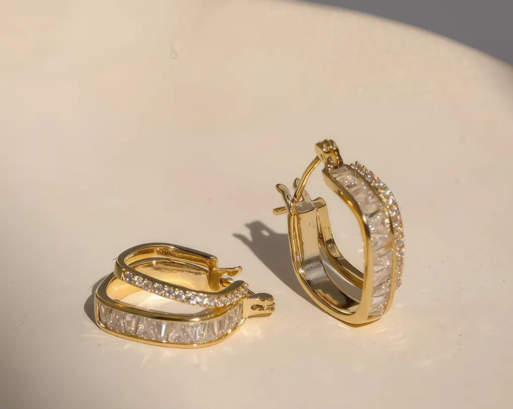 Double-Lined Baguette CZ Huggie Earrings (316L Stainless Steel)