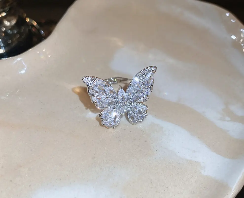 Crystal-Encrusted Butterfly Statement Ring (Brass)