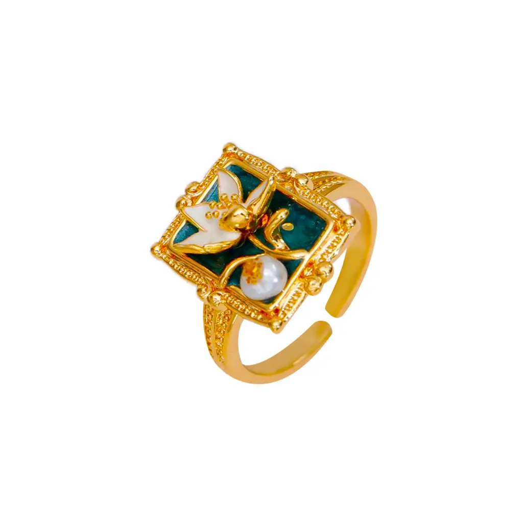 Vintage Lotus Enamel & Pearl Open Cuff Ring (Brass)