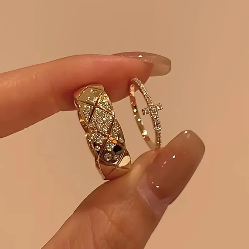 Quilted & Cross CZ Stackable Ring Set (Brass)