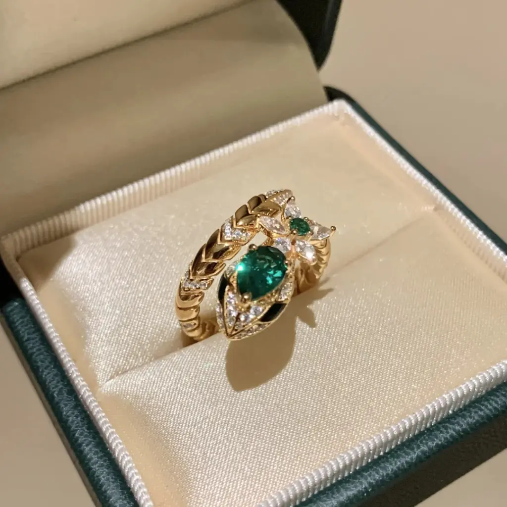 Emerald & CZ Snake Open Cuff Ring (Brass)