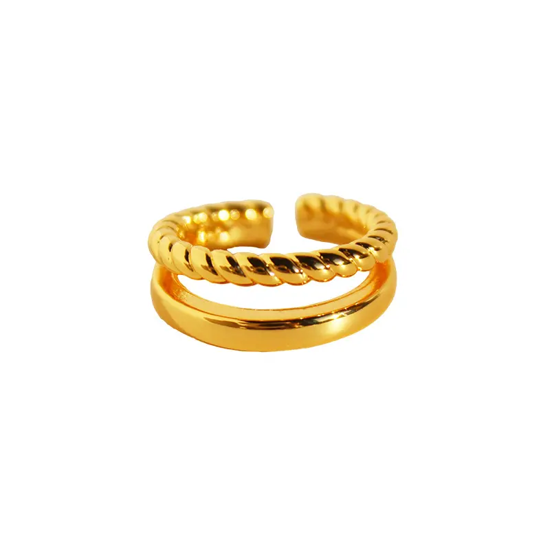 Double-Band Twisted & Smooth Open Cuff Ring (Brass)