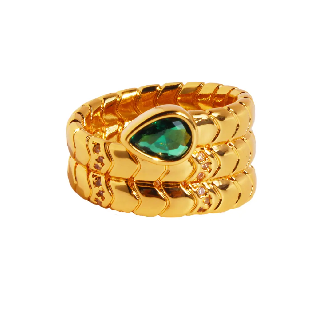 Emerald & CZ Snake Statement Ring (Brass)