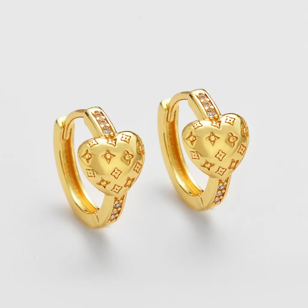 Embossed Heart CZ Hoop Earrings (Brass)
