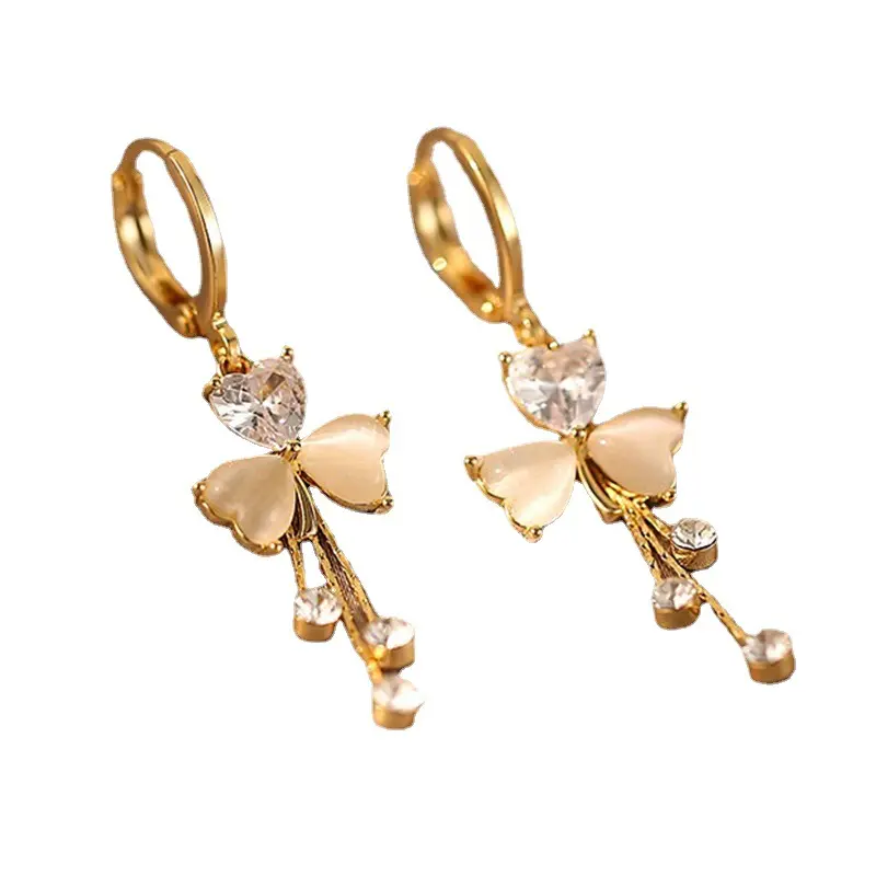Butterfly Heart Opal & CZ Drop Huggie Earrings (Brass)
