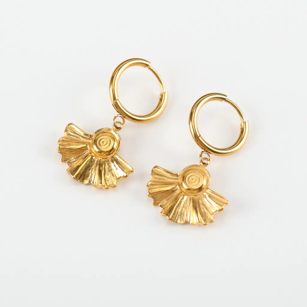 Textured Fan Drop Hoop Earrings (Brass)