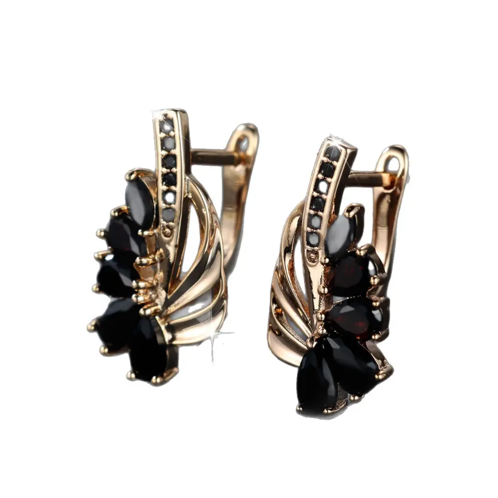Vintage Leaf Black Gem Clip-on Earrings (Brass)