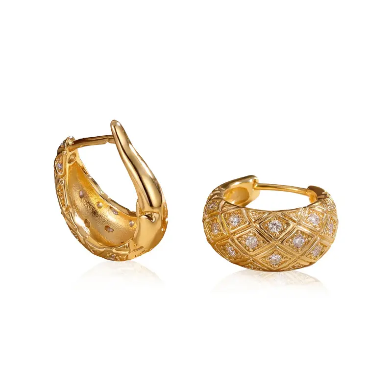 Vintage Rhombus Grid Pave CZ Chunky Huggie Earrings (Brass)