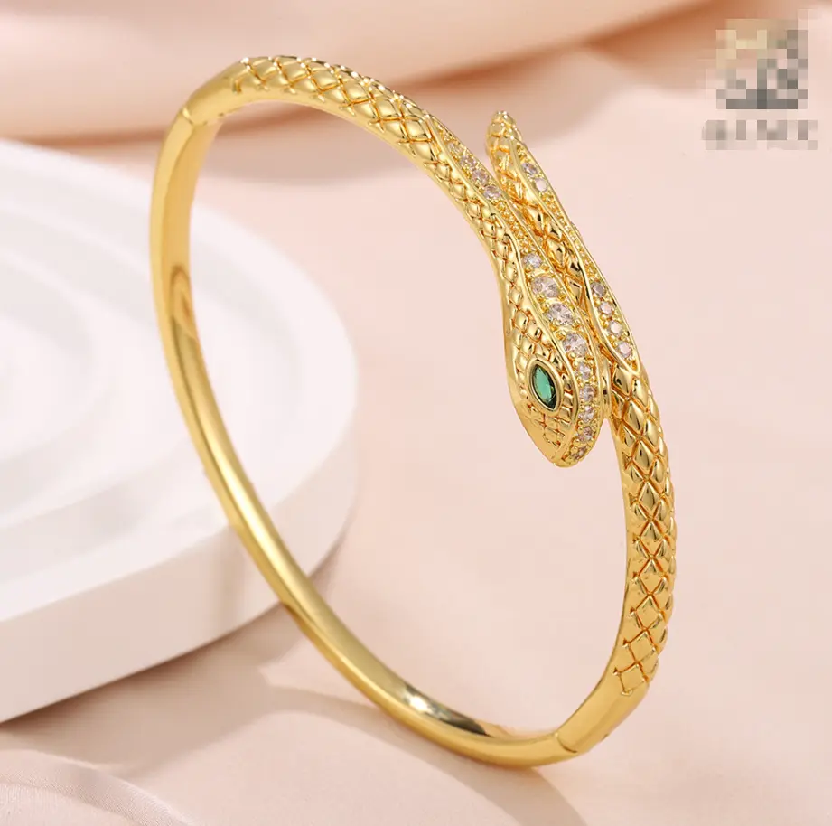 Emerald-Eye Snake Scale Open Cuff Bangle (Brass)