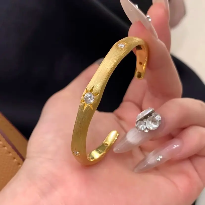 Brushed Starburst CZ Open Cuff Bangle (Brass)