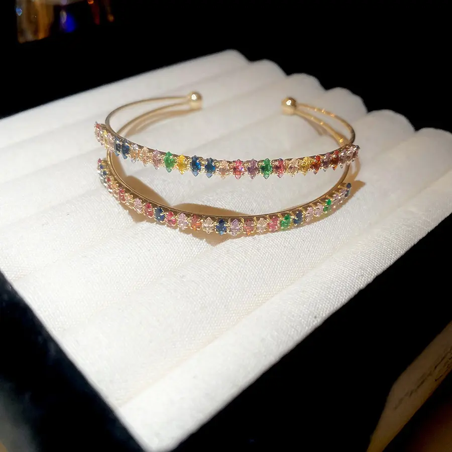 Rainbow CZ Double-Layer Open Cuff Bangle (Brass)