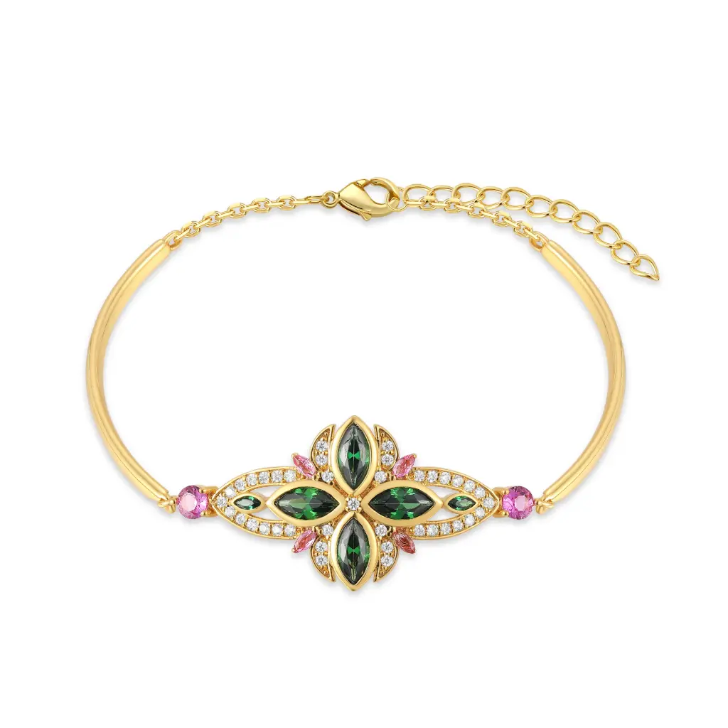 Vintage Four-Leaf Floral Multi-Color CZ Adjustable Bangle (Brass)