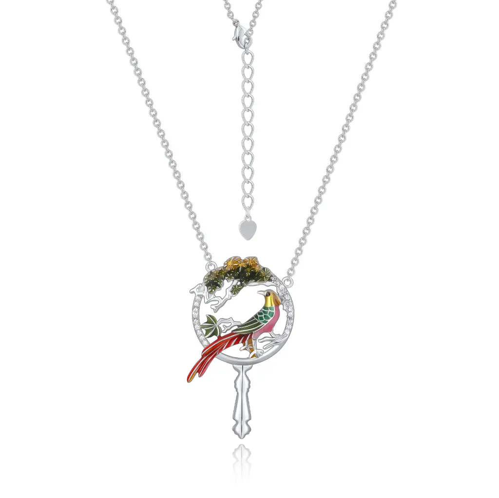 Circle Magpie Pine Enamel Key Pendant Adjustable Necklace (925 Sterling Silver Base Rhodium Plated)