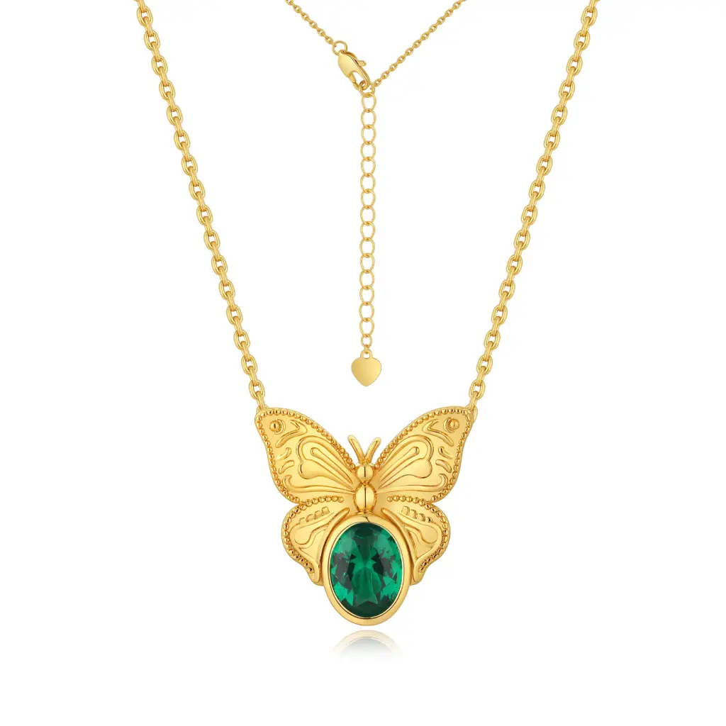 Vintage Embossed Butterfly Emerald CZ Adjustable Necklace (925 Sterling Silver Base 18K Gold Plated)