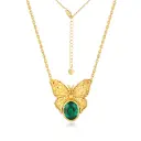 Vintage Embossed Butterfly Emerald CZ Adjustable Necklace (925 Sterling Silver Base 18K Gold Plated)