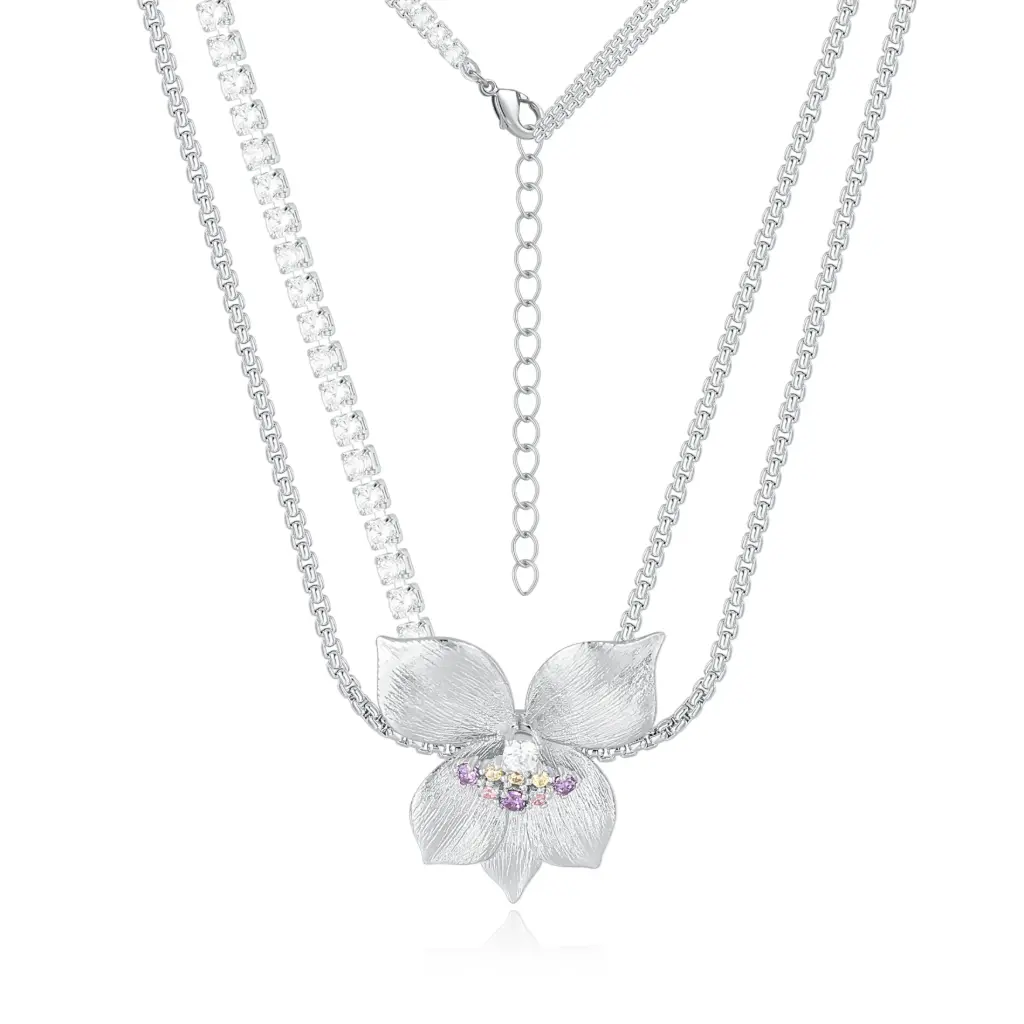 Brushed Petal Floral Multi-Layer CZ Adjustable Necklace (925 Sterling Silver Base Rhodium Plated)