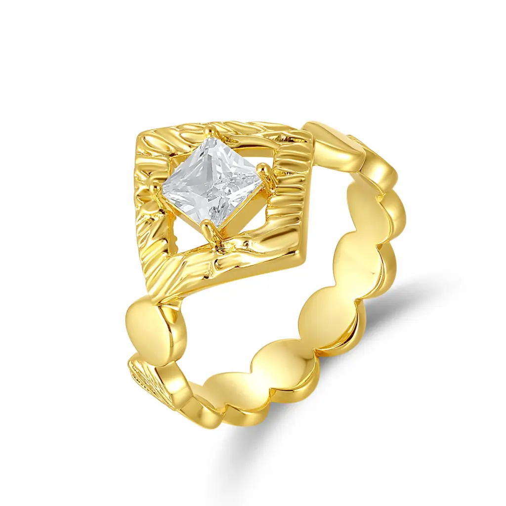 Geometric Square‑Frame Princess‑Cut Clear CZ Scalloped Link Ring (925 Sterling Silver Base 18K Gold Plated)