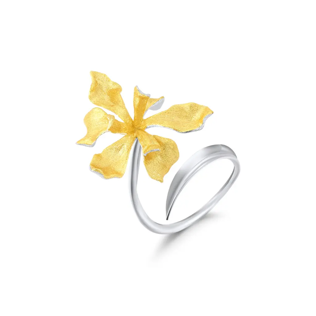 Two‑Tone Textured Iris Flower Open Ring (925 Sterling Silver)