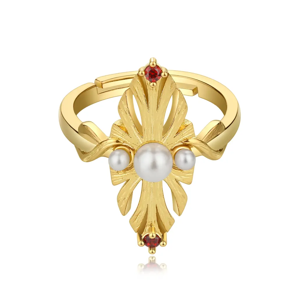 Vintage Baroque Pearl Red CZ Ornate Open Ring (925 Sterling Silver Base 18K Gold Plated)