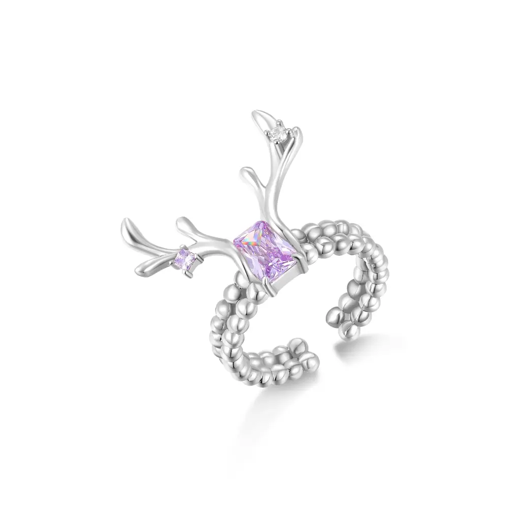 Deer Antler Purple Square CZ Beaded Open Ring (925 Sterling Silver Base Rhodium Plated)