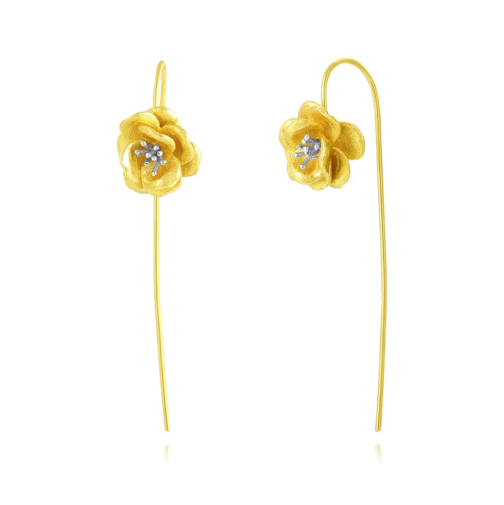 Two‑Tone Textured Rose Long Threader Earrings (925 Sterling Silver Base 18K Gold Plated)