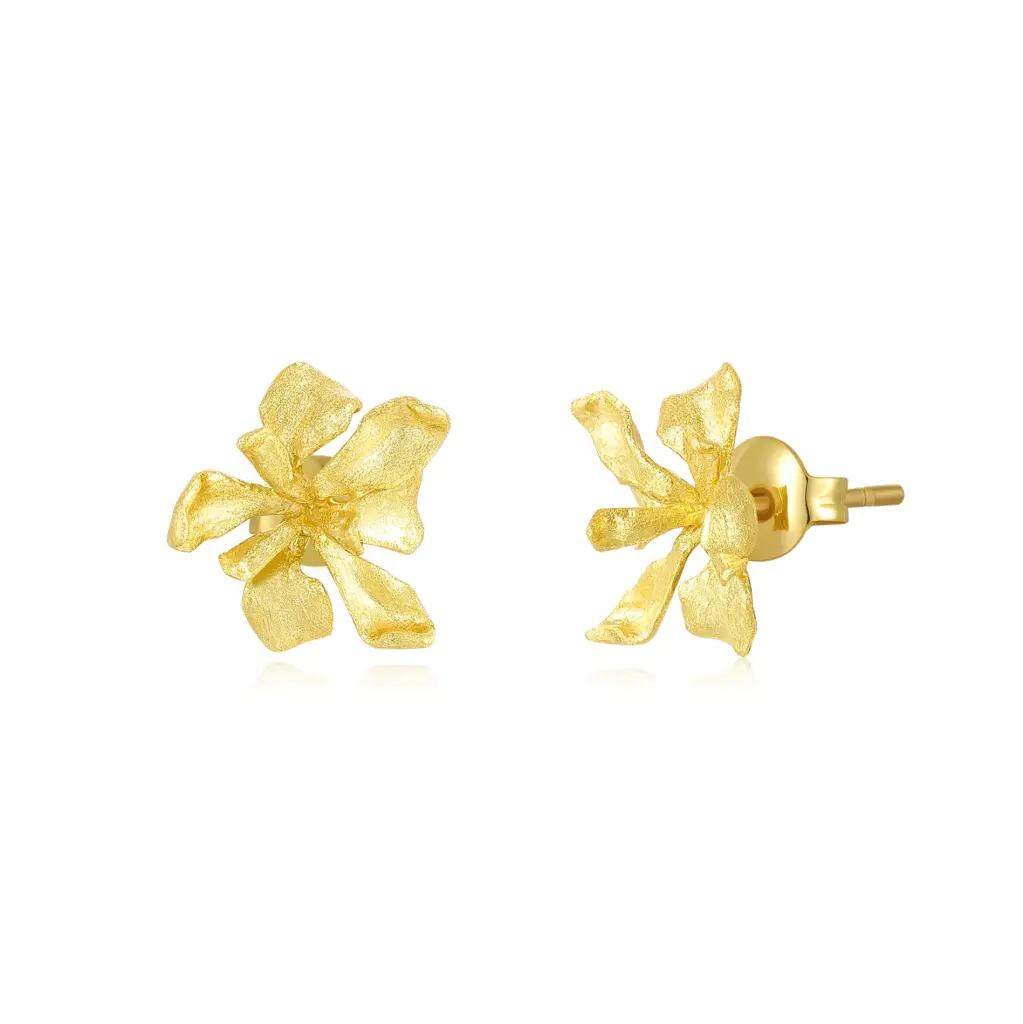 Brushed 3D Iris Flower Stud Earrings (925 Sterling Silver Base 18K Gold Plated)