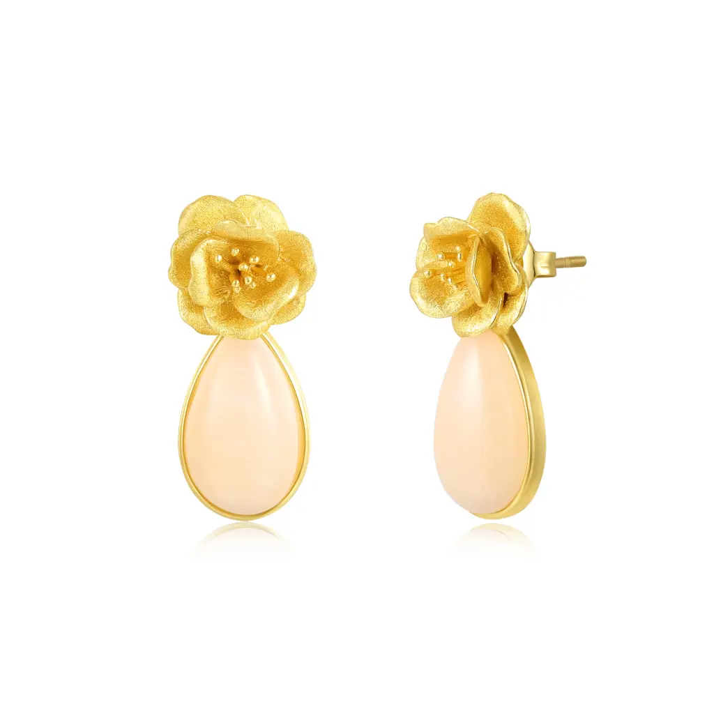 3D Matte Flower Teardrop Pink Gem Drop Earrings (Brass Base 18K Gold Plated)