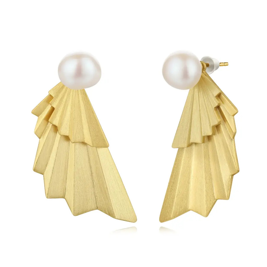 Layered Brushed Fan‑Shape Freshwater Pearl Drop Earrings (Brass Base 18K Gold Plated)