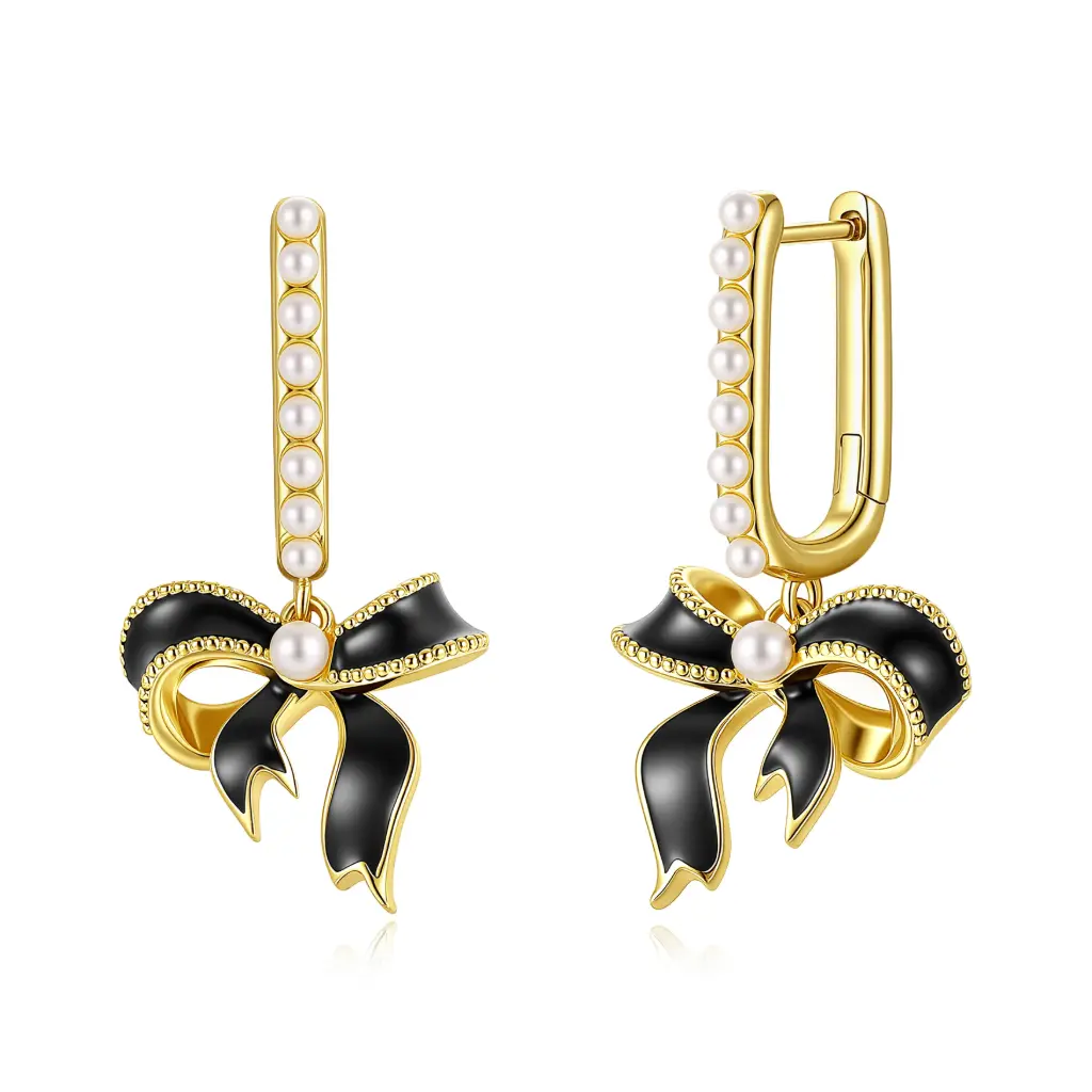 Black Enamel Bow Pearl U‑Link Hoop Drop Earrings (925 Sterling Silver Base 18K Gold Plated)