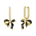 Black Enamel Bow Pearl U‑Link Hoop Drop Earrings (925 Sterling Silver Base 18K Gold Plated)