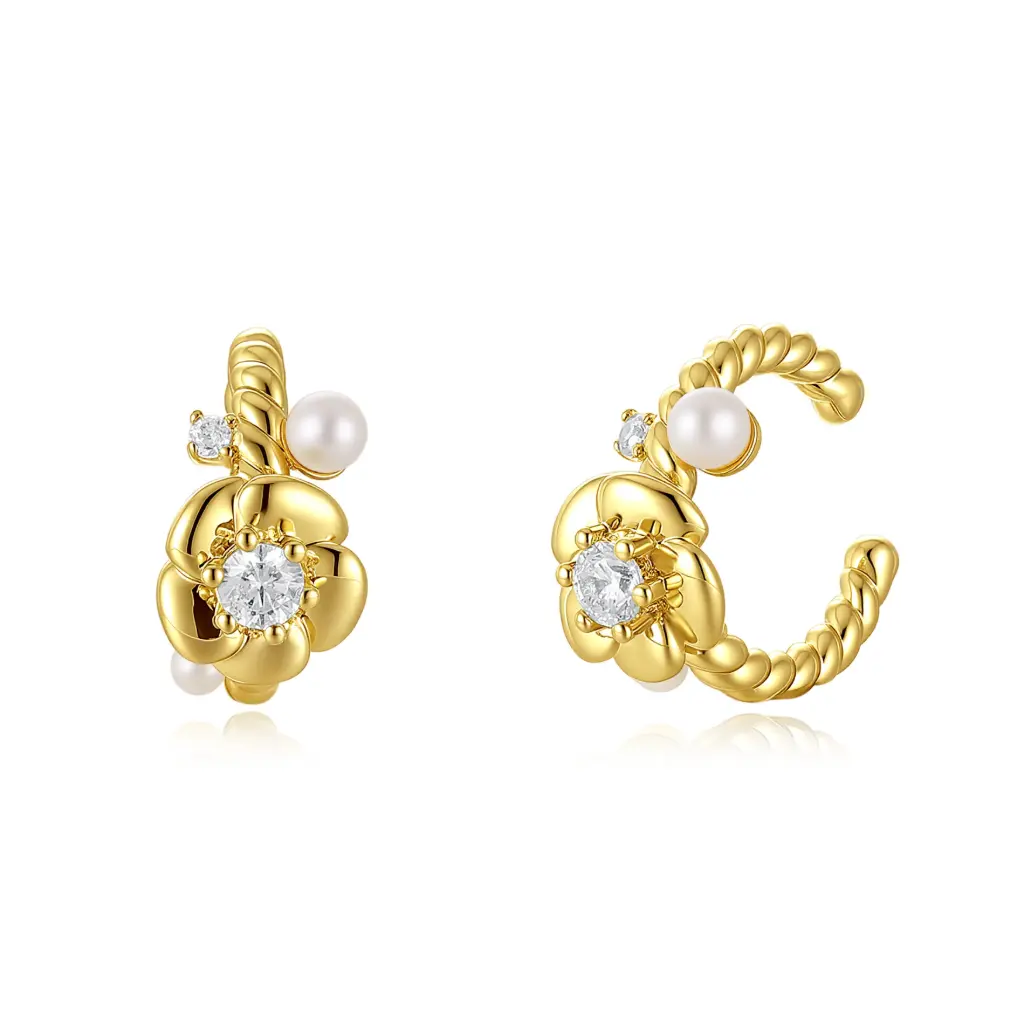 Twisted Rope Floral Pearl CZ C‑Hoop Earrings (925 Sterling Silver Base 18K Gold Plated)