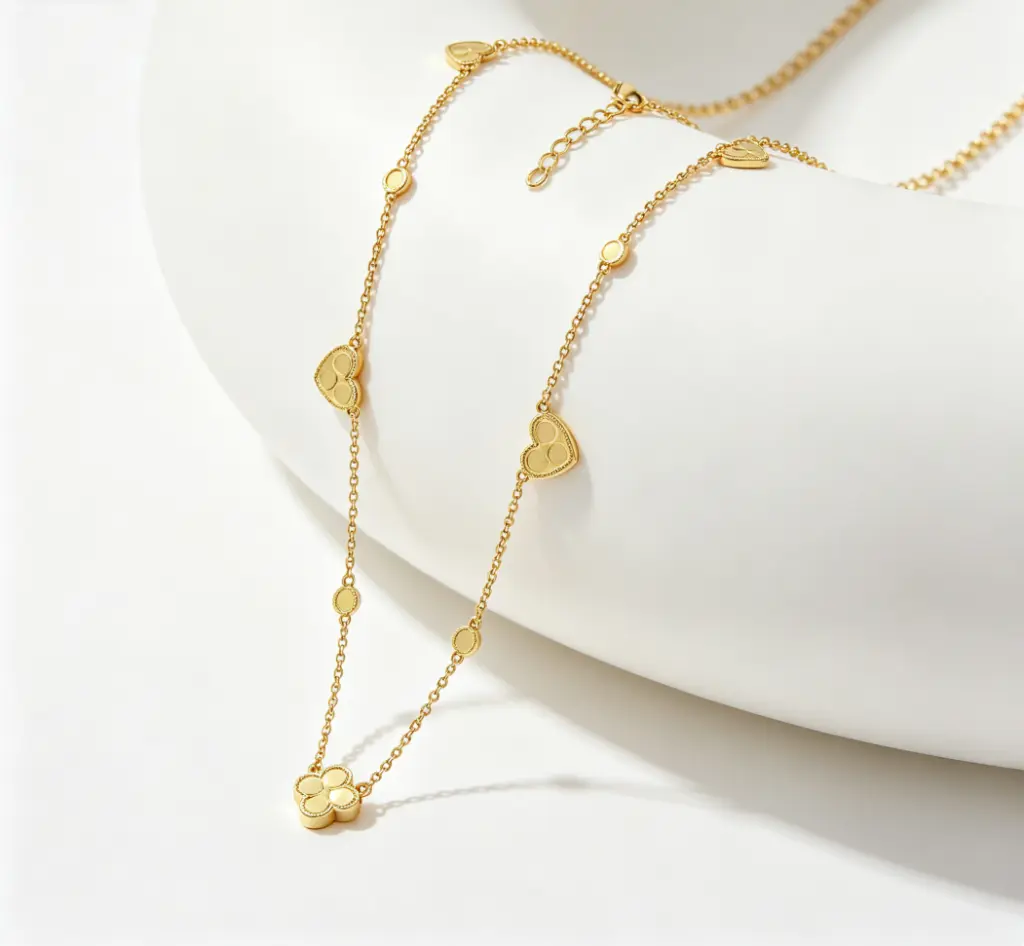 Clover & Heart Station Chain Necklace (925 Sterling Silver Base 18K Gold Plated)