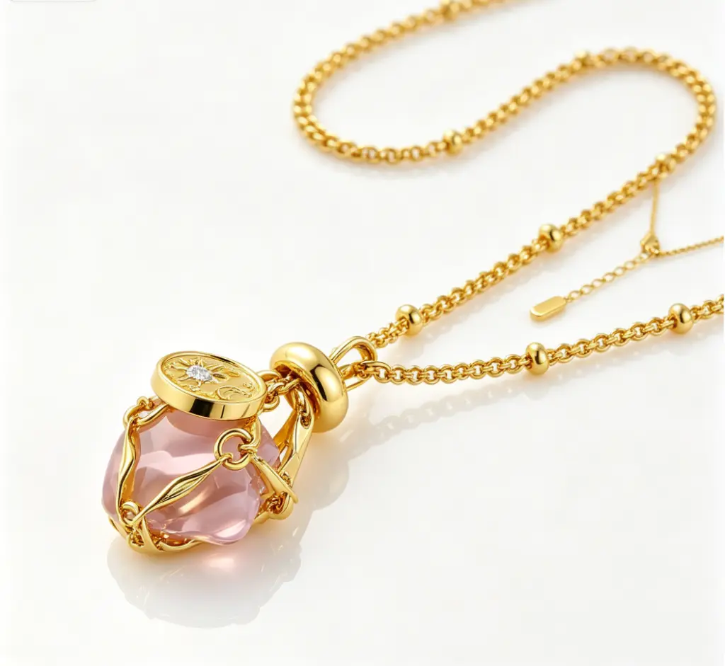Pink Crystal Woven Cage Bottle Pendant Necklace (925 Sterling Silver Base 18K Gold Plated)