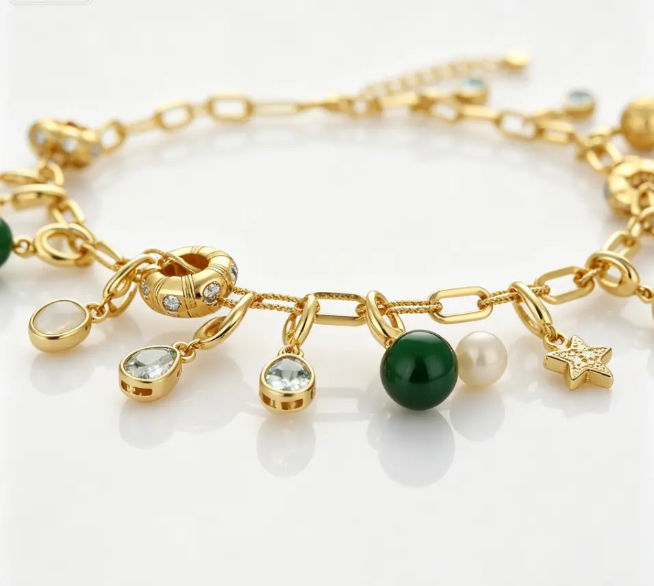 Multi Charm Mixed Gemstone Paperclip Chain Necklace (925 Sterling Silver Base 18K Gold Plated)
