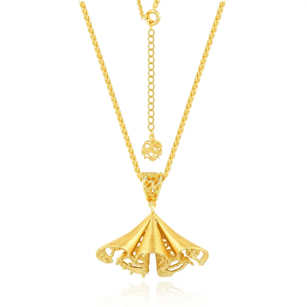 Textured Fan Shape Filigree Pendant Necklace (925 Sterling Silver Base 18K Gold Plated)