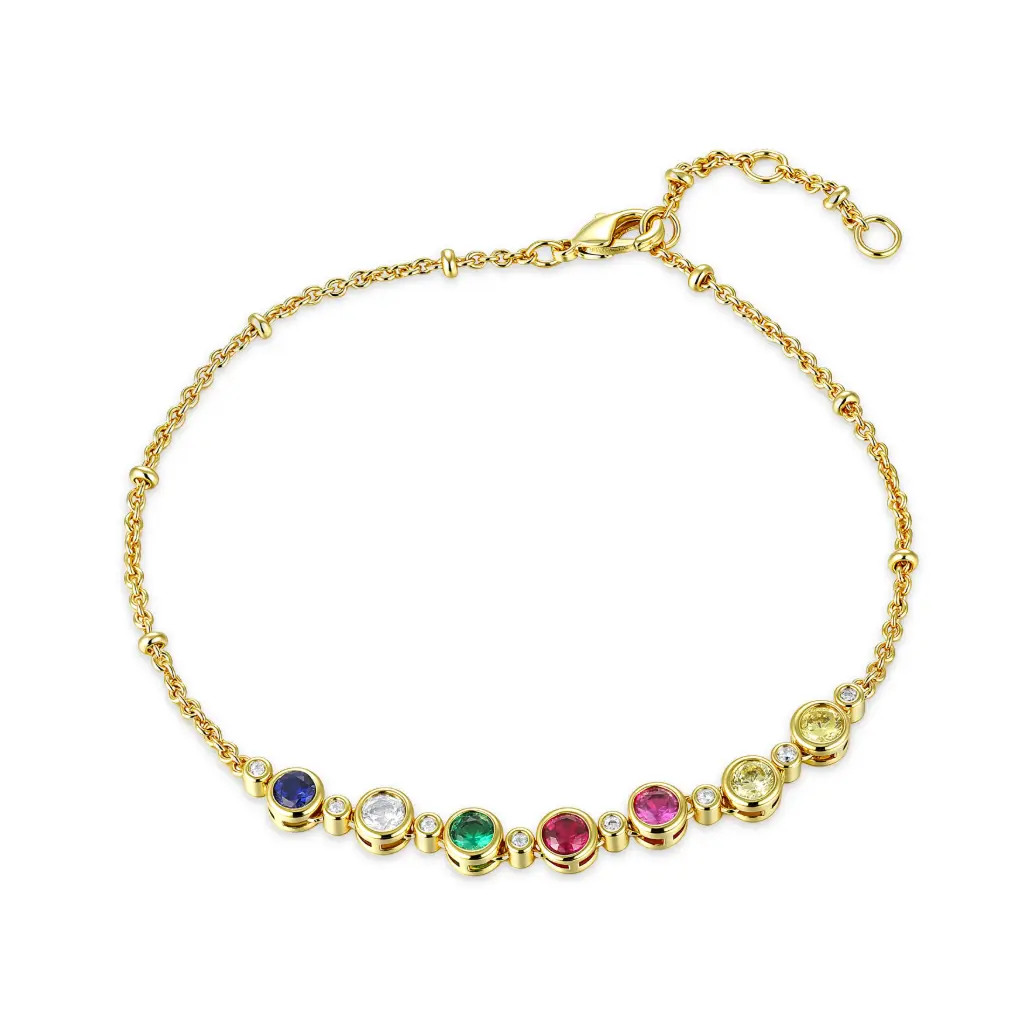 Mixed Color Bezel Set Round Gemstone Station Bracelet (925 Sterling Silver Base 18K Gold Plated)