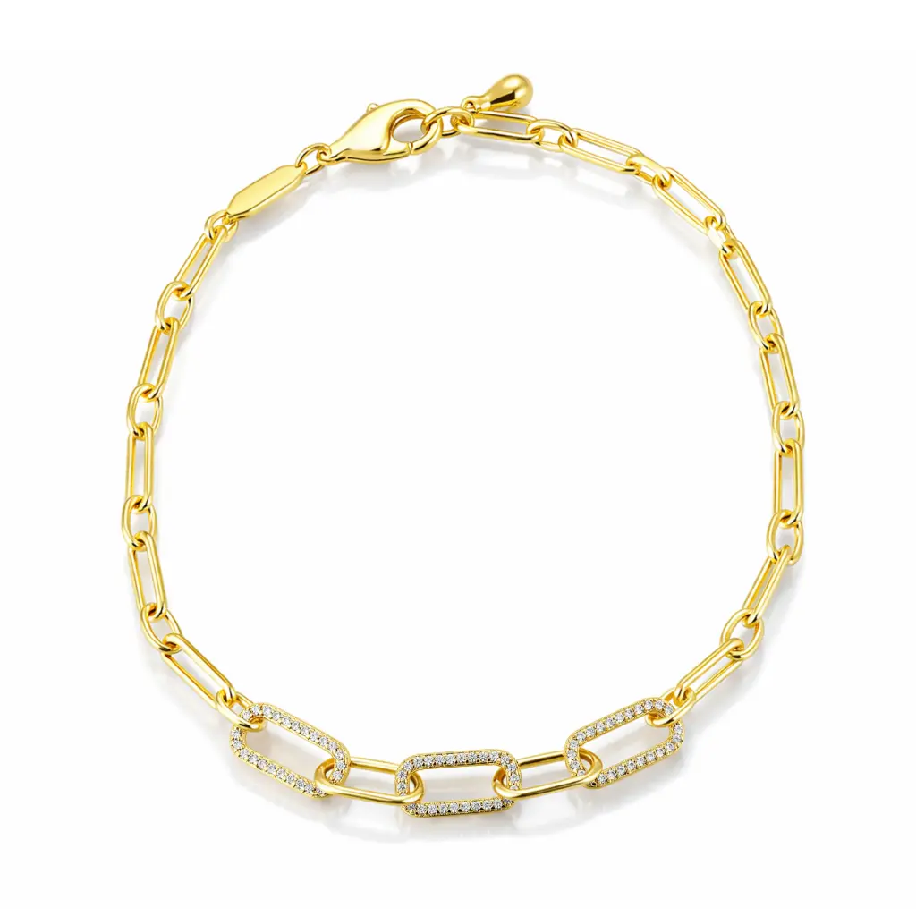 Paperclip Link Bracelet with Paved CZ Stones (925 Sterling Silver Base 18K Gold Plated)