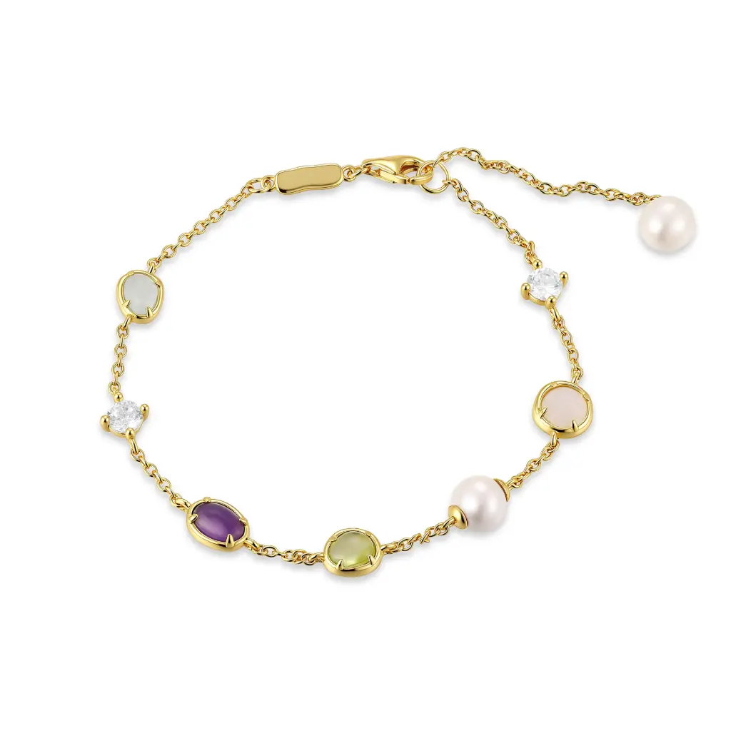 Multi Gemstone & Pearl Station Bracelet (925 Sterling Silver Base 18K Gold Plated)