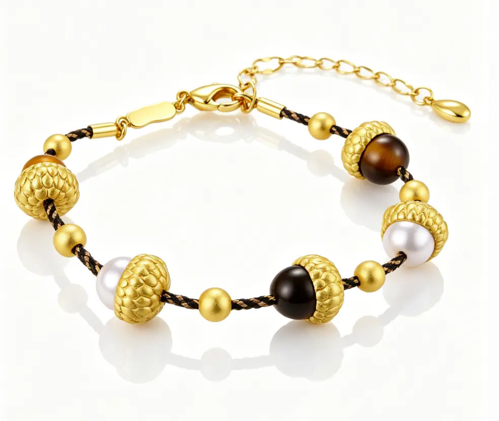 Acorn Bead Woven Cord Bracelet (925 Sterling Silver Base 18K Gold Plated)