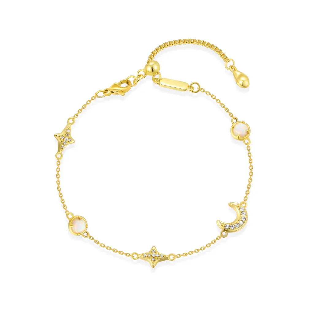 Star Moon Opal Station Bracelet (925 Sterling Silver Base 18K Gold Plated)