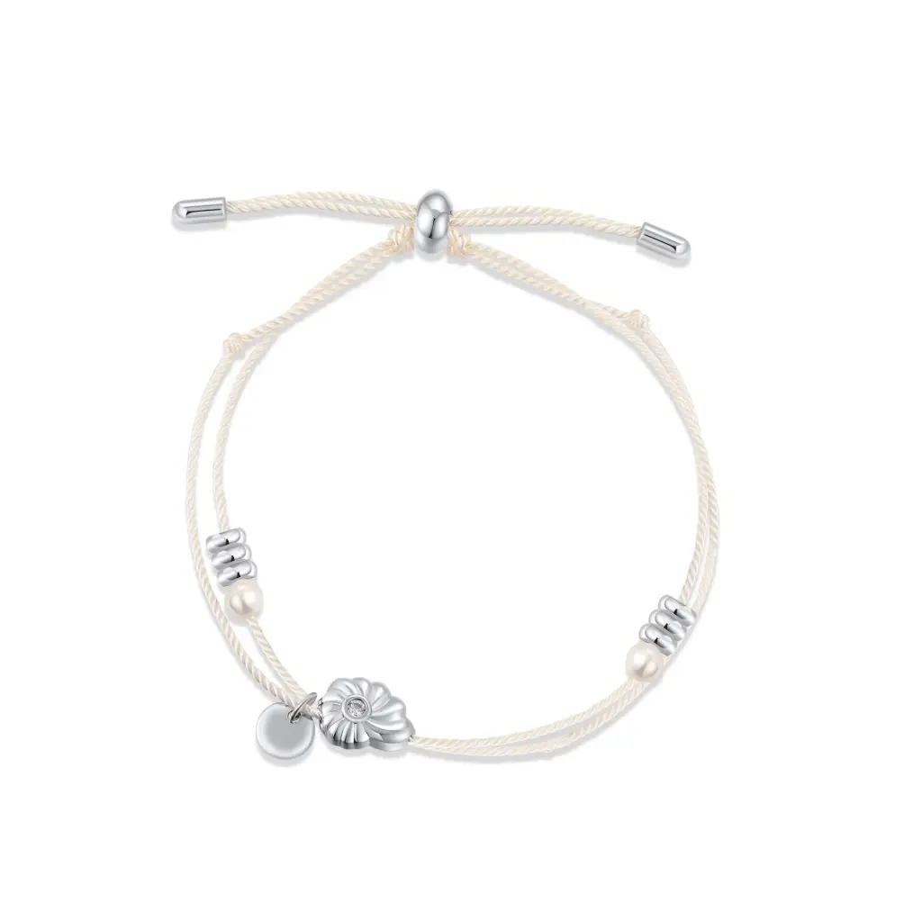 Flower Pearl Double Cord Slider Bracelet (925 Sterling Silver Base Rhodium Plated)