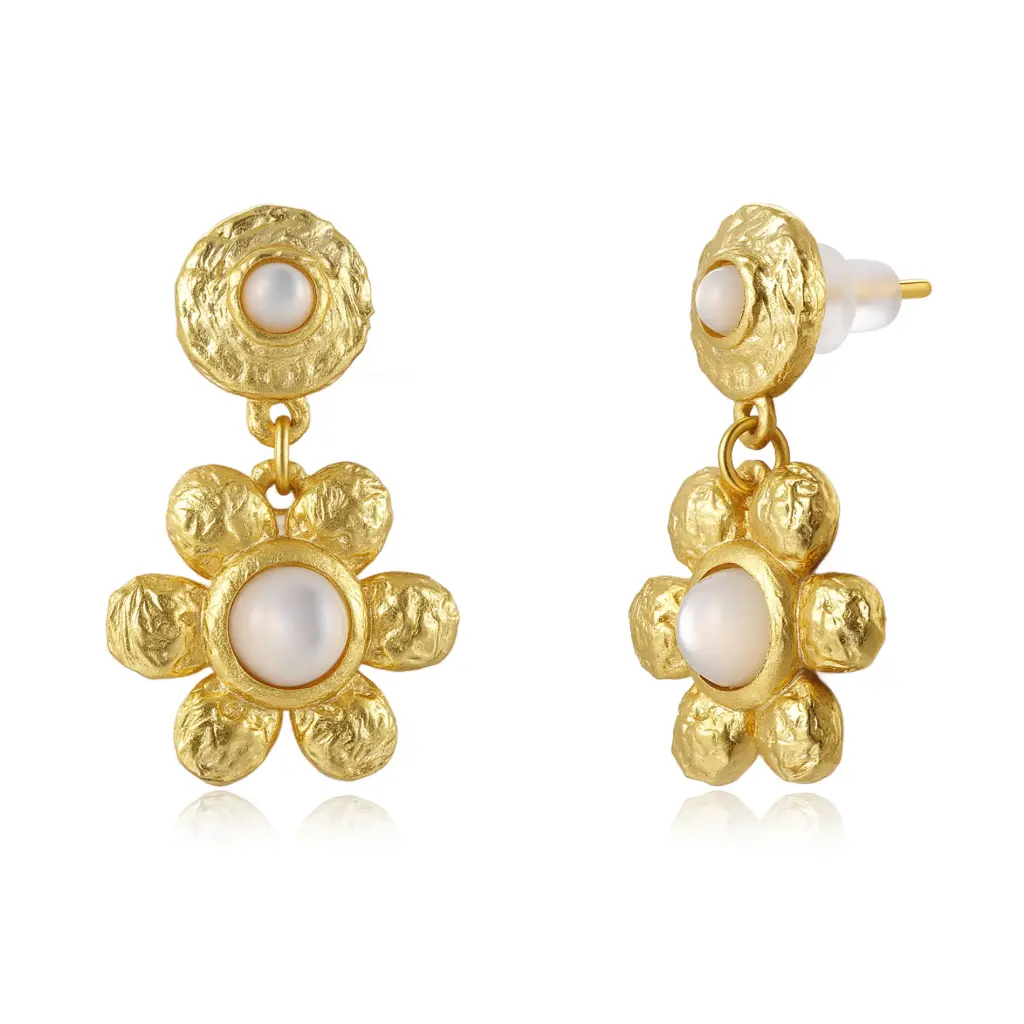 Hammered Texture Floral Pearl Drop Earrings (Brass Base 18K Gold Plated)