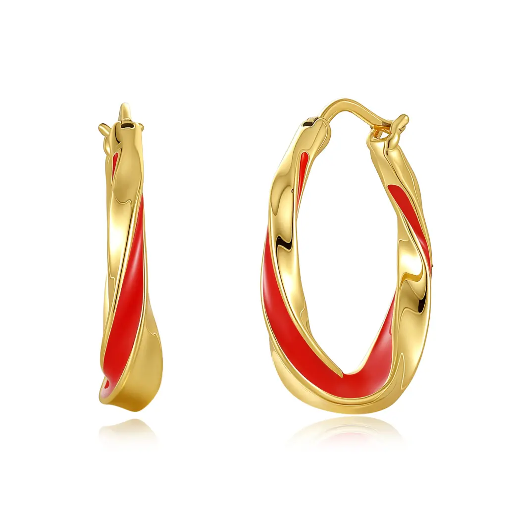 Twisted Red Enamel Oval Hoop Earrings (Brass Base 18K Gold Plated)