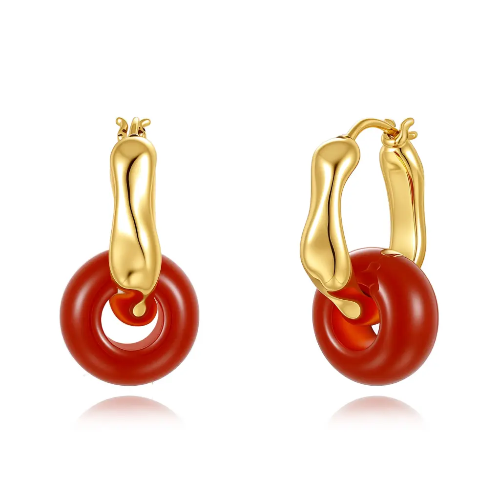 Organic Curve Red Donut Drop Hoop Earrings (Brass Base 18K Gold Plated)