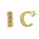 Ribbed C-Shaped Crystal Hoop Earrings (Brass Base 18K Gold Plated)