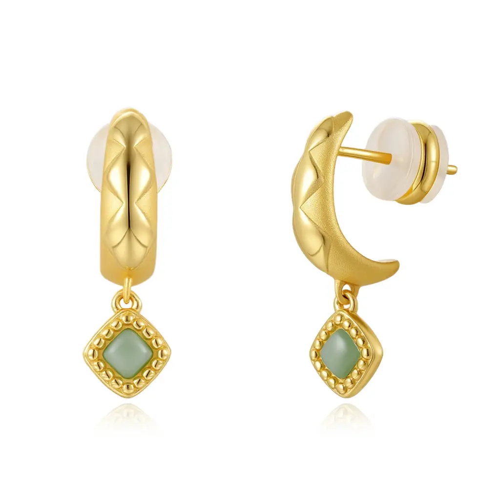 Textured C-Hoop Green Square Stone Drop Earrings (Brass Base 18K Gold Plated)