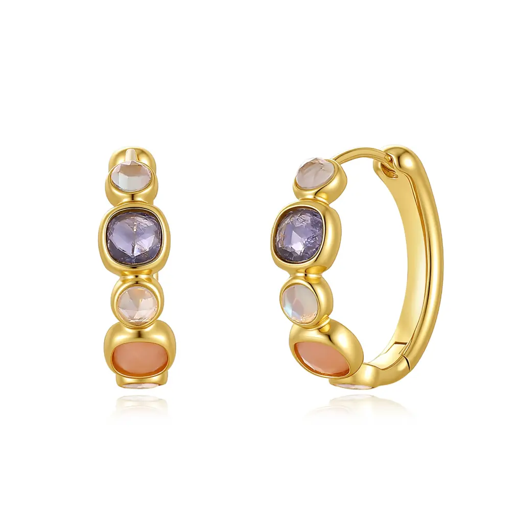 Multi-Color Bezel Set Oval Hoop Earrings (Brass Base 18K Gold Plated)