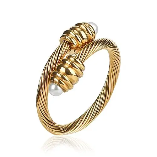 Twisted Rope & Pearl Open Cuff Ring (316L Stainless Steel)
